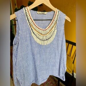 Zara Blue Stripe Sleeveless Top Crochet Collar Size Medium red yellow